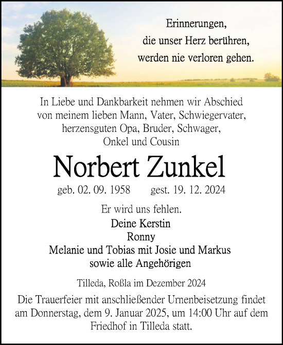 Traueranzeige von Norbert Zunkel von Trauerkombi Sangerhausen