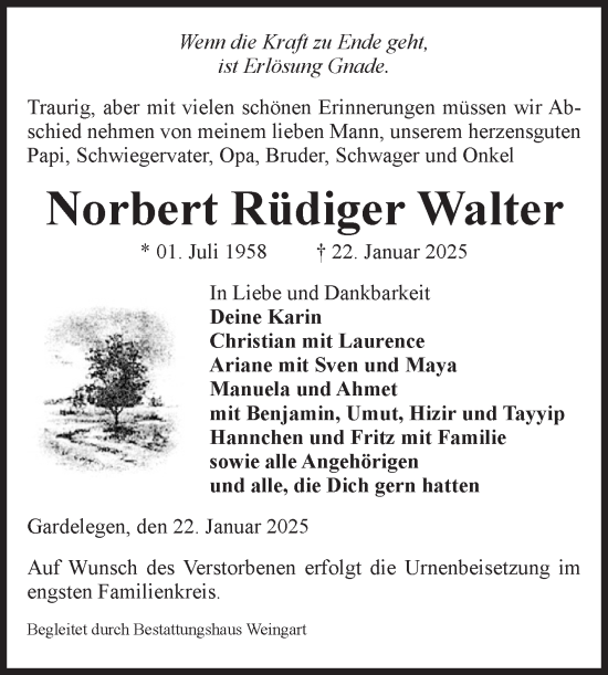 Traueranzeige von Norbert Rüdiger Walter von Volksstimme Altmark West