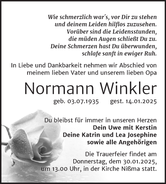 Traueranzeige von Normann Winkler von Trauerkombi Zeitz