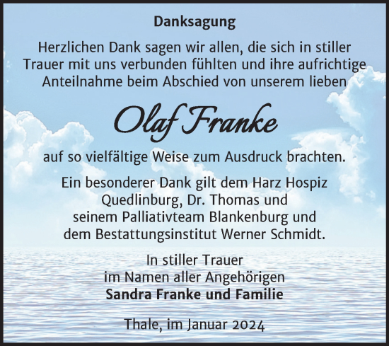 Traueranzeige von Olaf Franke von Trauerkombi Quedlinburg