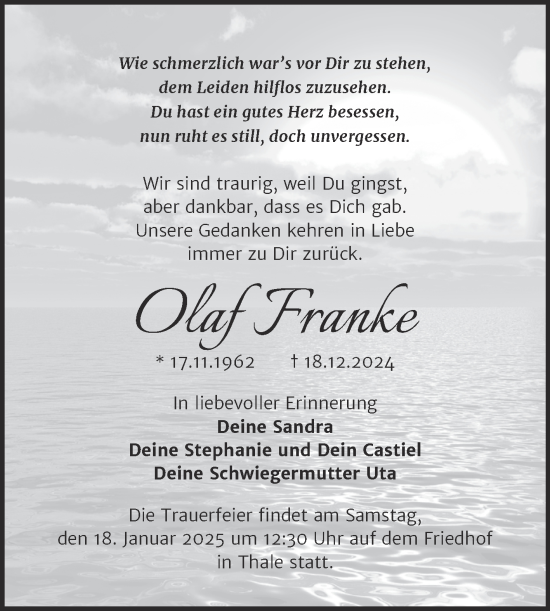 Traueranzeige von Olaf Franke von Trauerkombi Quedlinburg