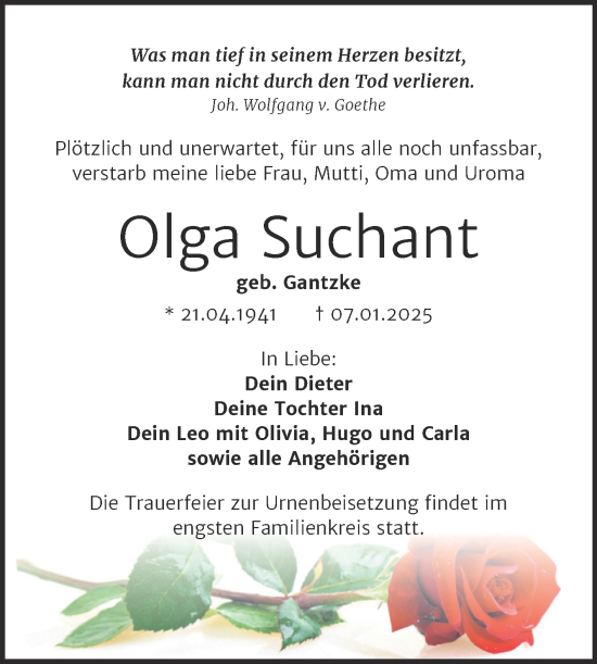 Traueranzeige von Olga Suchant von Mitteldeutsche Zeitung Mansfelder Land