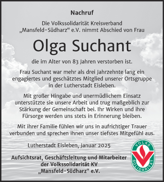 Traueranzeige von Olga Suchant von Super Sonntag Mansfelder Land