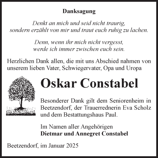 Traueranzeige von Oskar Constabel von Volksstimme Altmark West