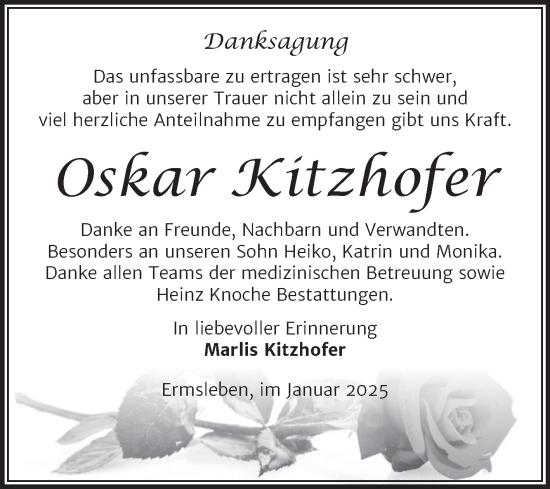 Traueranzeige von Oskar Kitzhofer von Trauerkombi Quedlinburg