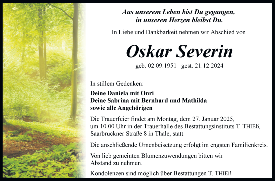 Traueranzeige von Oskar Severin von Trauerkombi Quedlinburg