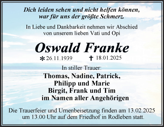 Traueranzeige von Oswald Franke von Trauerkombi Dessau