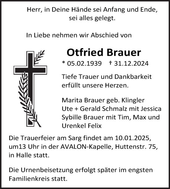 Traueranzeige von Otfried Brauer von Mitteldeutsche Zeitung Halle/Saalkreis