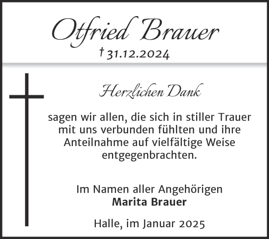 Traueranzeige von Otfried Brauer von Mitteldeutsche Zeitung Halle/Saalkreis