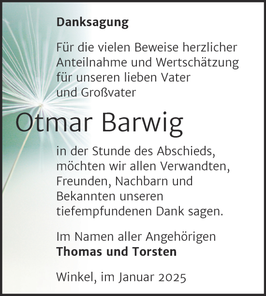 Traueranzeige von Otmar Barwig von Trauerkombi Sangerhausen