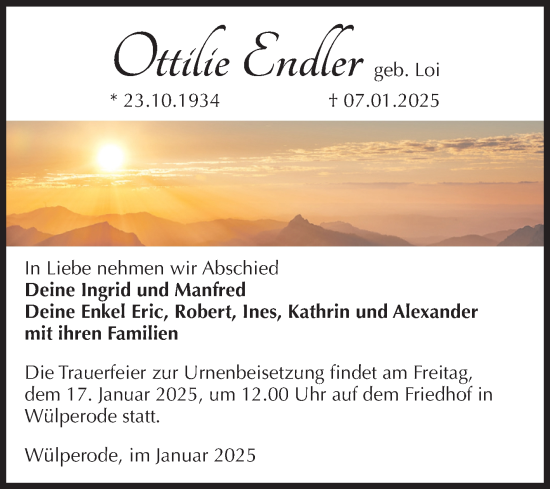 Traueranzeige von Ottilie Endler von Volksstimme Oschersleben/Wanzleben