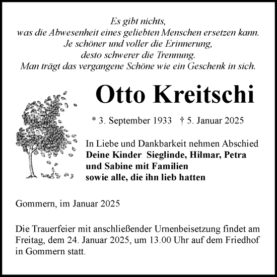 Traueranzeige von Otto Kreitschi von Volksstimme Burg/Genthin