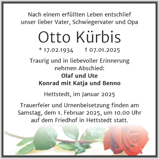 Traueranzeige von Otto Kürbis von Trauerkombi Mansfelder Land