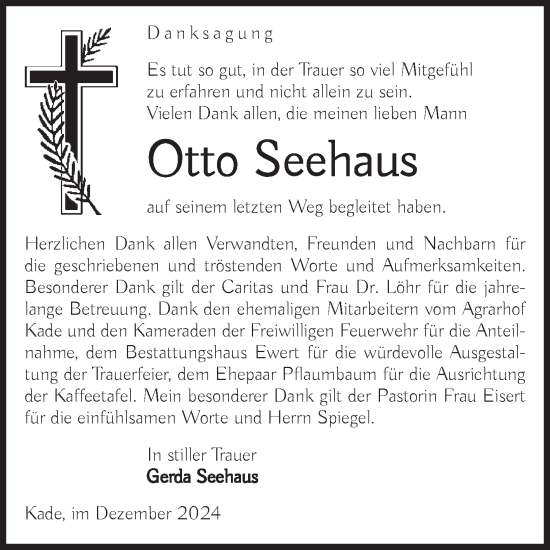 Traueranzeige von Otto Seehaus von Volksstimme Burg/Genthin