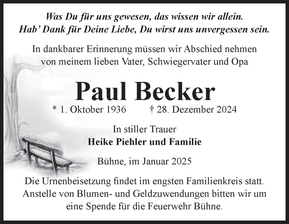  Traueranzeige für Paul Becker vom 04.01.2025 aus Volksstimme Halberstadt