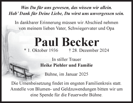 Traueranzeige von Paul Becker von Volksstimme Halberstadt