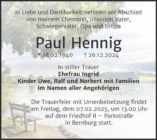 Traueranzeige von Paul Hennig von Trauerkombi Bernburg