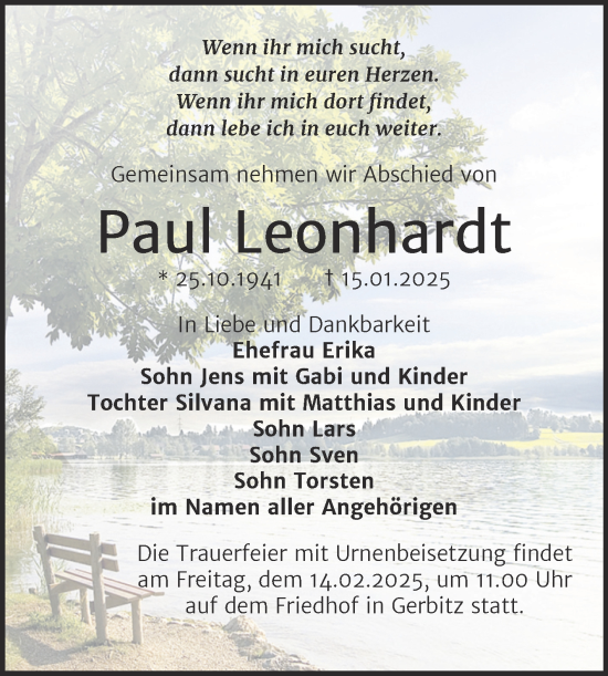 Traueranzeige von Paul Leonhardt von Trauerkombi Bernburg