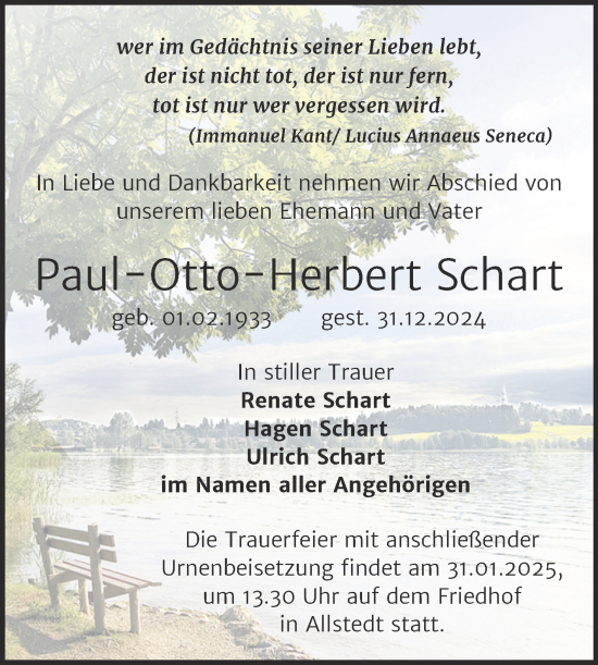 Traueranzeige von Paul-Otto-Herbert Schart von Trauerkombi Sangerhausen