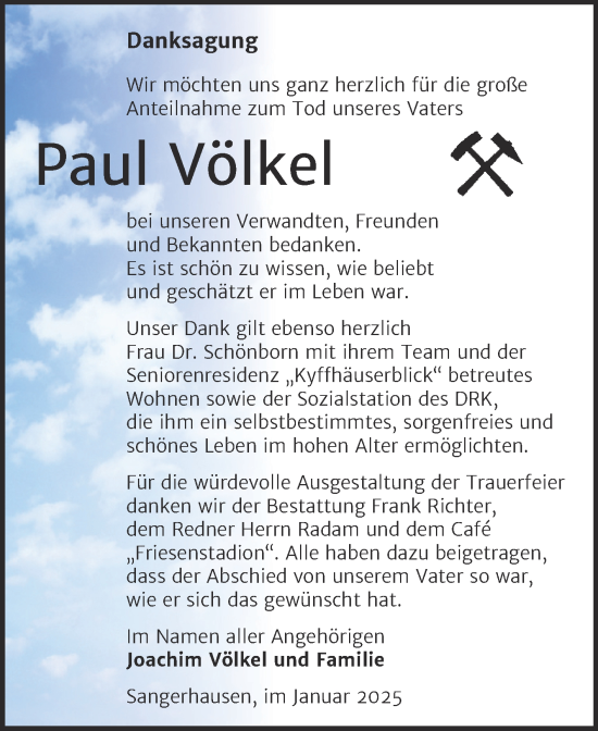 Traueranzeige von Paul Völkel von Trauerkombi Sangerhausen