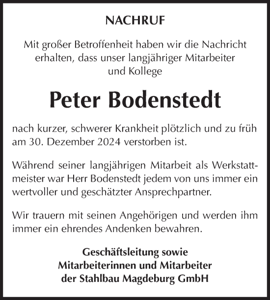 Traueranzeige von Peter Bodenstedt von Volksstimme Magdeburg