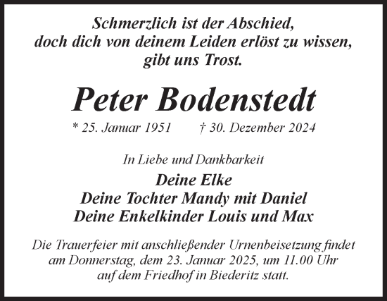 Traueranzeige von Peter Bodenstedt von Volksstimme Magdeburg