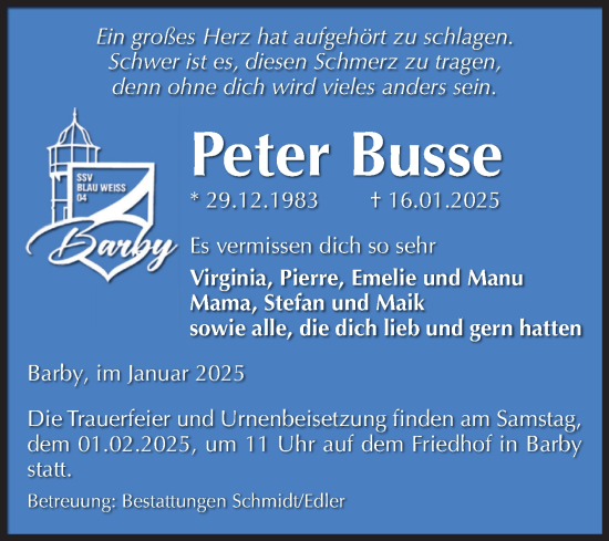 Traueranzeige von Peter Busse von Volksstimme Schönebeck