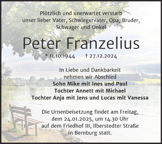 Traueranzeige von Peter Franzelius von Trauerkombi Bernburg