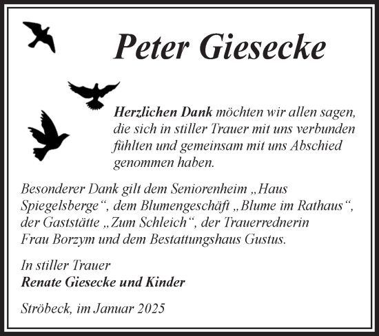 Traueranzeige von Peter Giesecke von Volksstimme Halberstadt