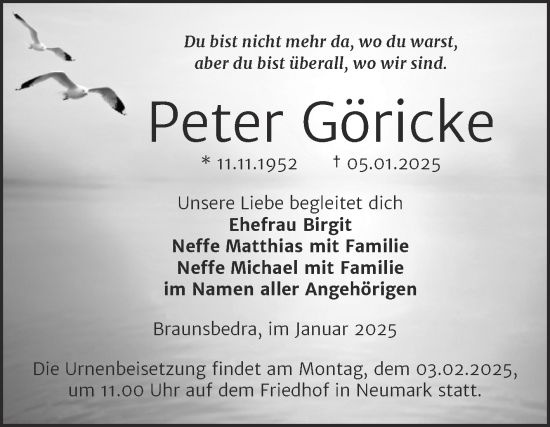 Traueranzeige von Peter Göricke von Trauerkombi Merseburg