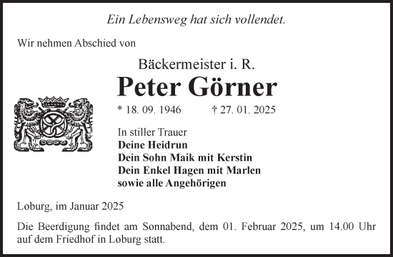 Traueranzeige von Peter Görner von Volksstimme Zerbst