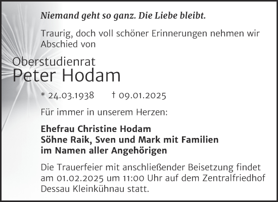Traueranzeige von Peter Hodam von Trauerkombi Dessau