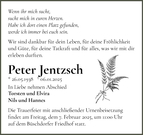 Traueranzeige von Peter Jentzsch von Mitteldeutsche Zeitung Halle/Saalkreis