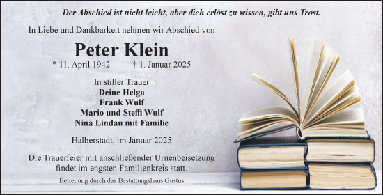 Traueranzeige von Peter Klein von Volksstimme Halberstadt