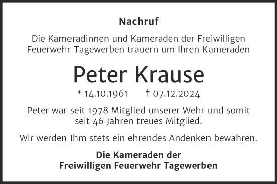 Traueranzeige von Peter Krause von Trauerkombi Weißenfels
