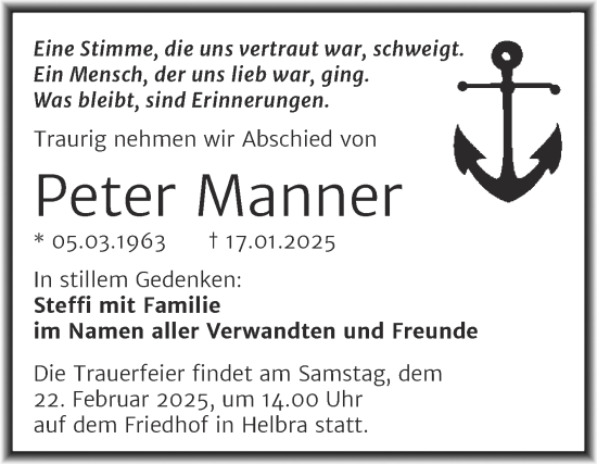 Traueranzeige von Peter Manner von Trauerkombi Mansfelder Land