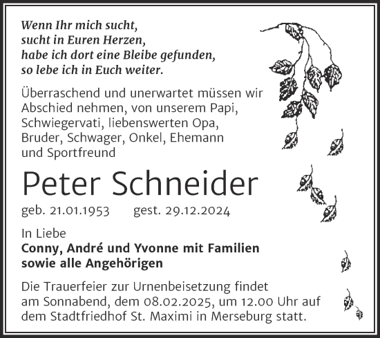 Traueranzeige von Peter Schneider von Trauerkombi Merseburg