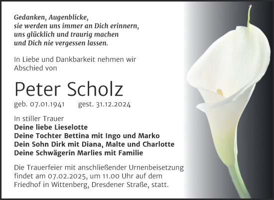 Traueranzeige von Peter Scholz von Trauerkombi Wittenberg
