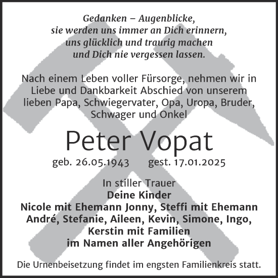 Traueranzeige von Peter Vopat von Trauerkombi Sangerhausen