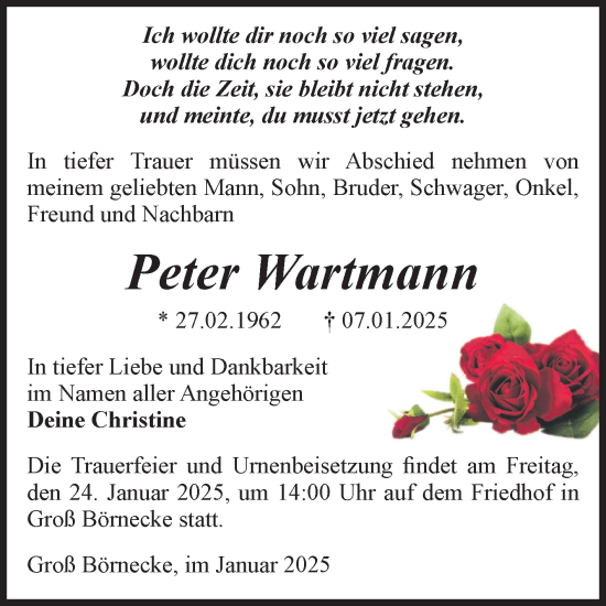 Traueranzeige von Peter Wartmann von Volksstimme Staßfurt