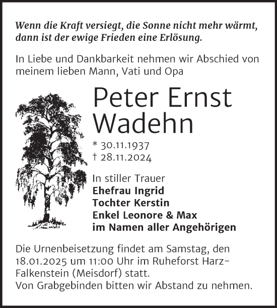 Traueranzeige von Peter Ernst Wadehn von Volksstimme Wernigerode