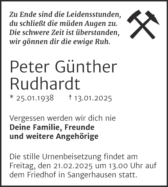 Traueranzeige von Peter Günther Rudhardt von Trauerkombi Sangerhausen