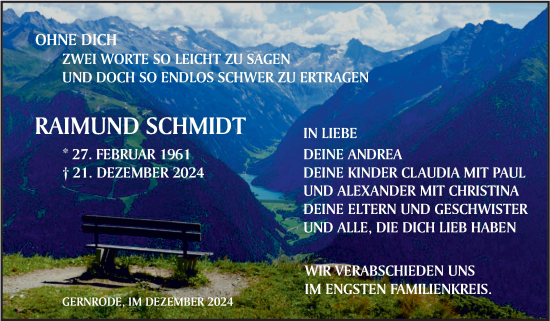 Traueranzeige von Raimund Schmid von Trauerkombi Quedlinburg