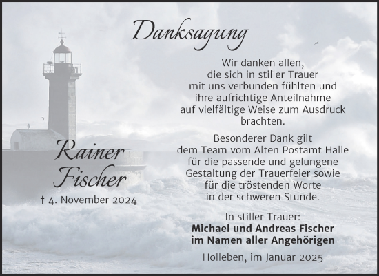 Traueranzeige von Rainer Fischer von Mitteldeutsche Zeitung Halle/Saalkreis