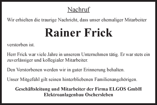 Traueranzeige von Rainer Frick von Volksstimme Oschersleben/Wanzleben
