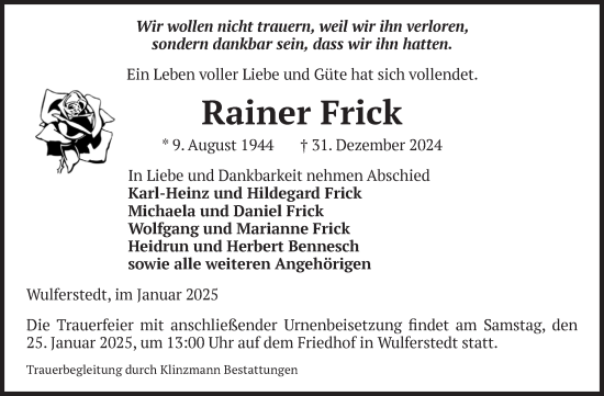 Traueranzeige von Rainer Frick von Volksstimme Oschersleben/Wanzleben