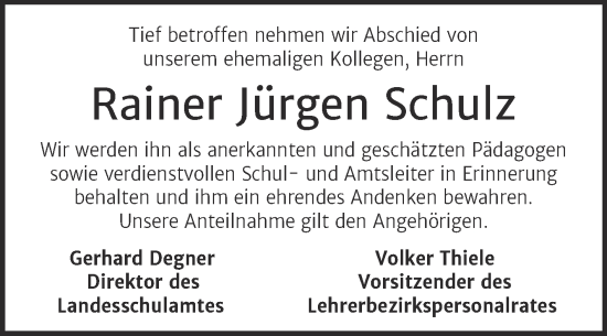 Traueranzeige von Rainer Jürgen Schulz von Volksstimme Wernigerode