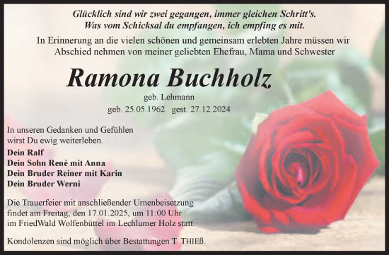 Traueranzeige von Ramona Buchholz von Trauerkombi Quedlinburg