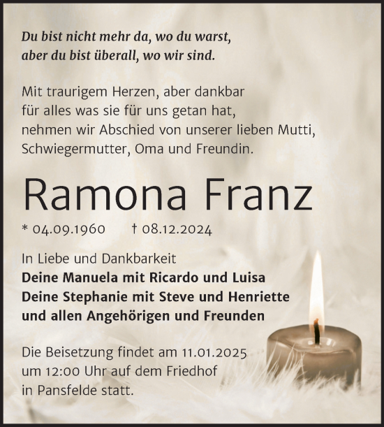 Traueranzeige von Ramona Franz von Trauerkombi Quedlinburg