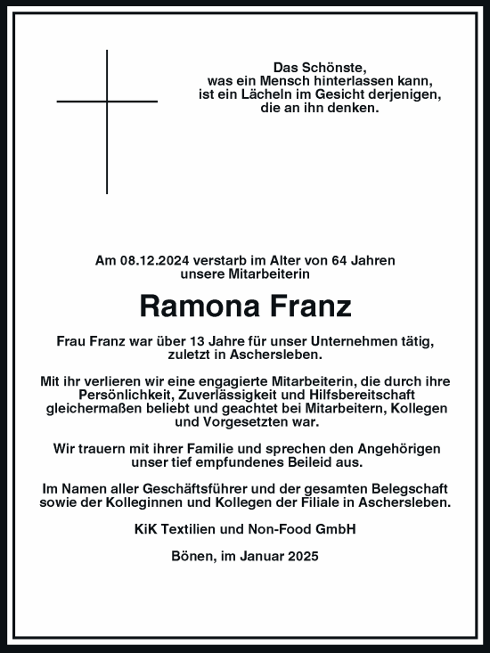 Traueranzeige von Ramona Franz von Super Sonntag Aschersleben